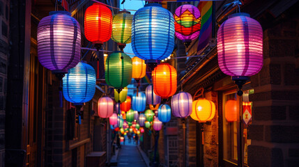 A series of lanterns in the colors of various pride flags hanging across a narrow street