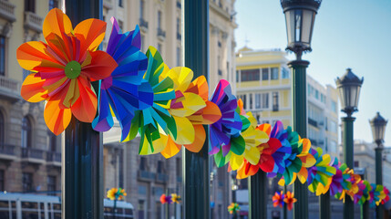 A series of rainbow-colored paper flowers adorning a city square's lampposts