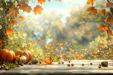 A rustic outdoor setting with a wooden table adorned with pumpkins, acorns, and fallen leaves, perfect for conveying Thanksgiving wishes.