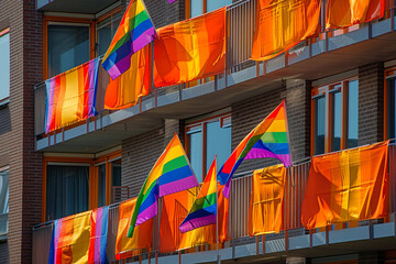 A series of pride flags fluttering on the balconies of an apartment building