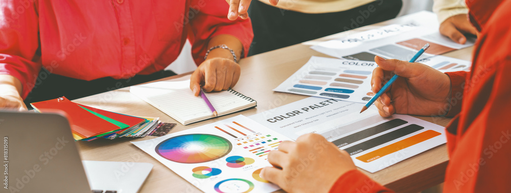 Poster creative interior designer brainstorming about color of material. group of architect designer choose