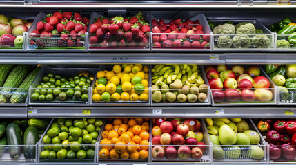 A variety of fresh fruits and vegetables neatly arranged on a refrigerated shelf in a bustling grocery store, ready for customers to select and purchase.
