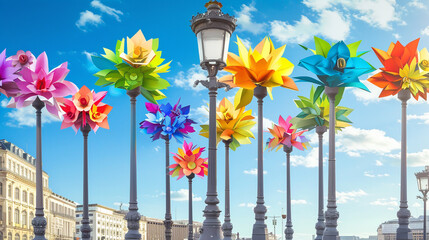 A series of rainbow-colored paper flowers adorning a city square's lampposts