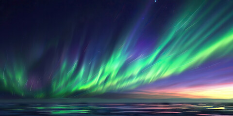 The Northern Lights dance across the Arctic sky, painting the horizon in shades of green and purple