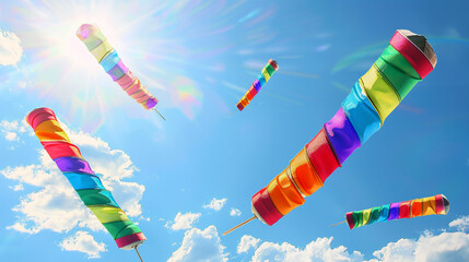 A set of rainbow-colored windsocks flying high against a sunny sky