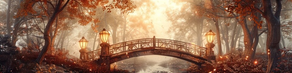 Rustic Bridge with Lanterns Glowing in the Autumn Forest Path A Warm Whimsical Illuminated Journey