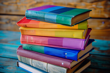 A stack of books with covers in the colors of various pride flags