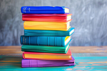 A stack of books with covers in the colors of various pride flags