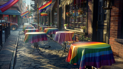 A street corner coffee shop with pride flags as tablecloths on each outdoor table