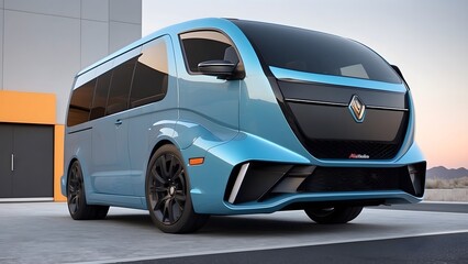 Close-up of a futuristic vehicle with blue color, outdoor natural background, truck on the road