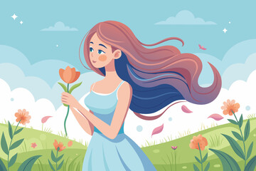 illustration girl with flowers in the garden