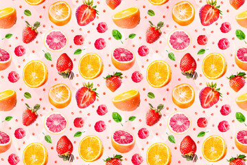 A colorful fruit pattern with oranges, strawberries, and raspberries