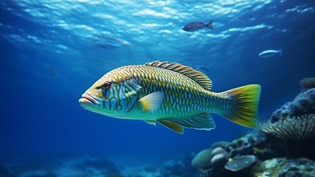 Underwater photography image of ballan wrasse swimming in the sea