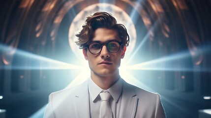 Arrogant young narcissist man in a fashion suit and in glasses looking up at camera and a halo glows above his head. Male narcissism concept