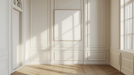 Bright empty room with wooden floor and white walls.