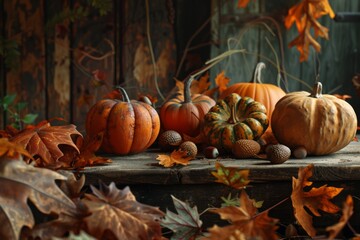 A charming autumn scene featuring a rustic wooden table adorned with pumpkins, acorns, and fallen leaves, perfect for conveying Thanksgiving cheer.