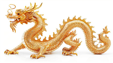 A stunning golden dragon statue is showcased against a plain white backdrop, exuding power and elegance. 