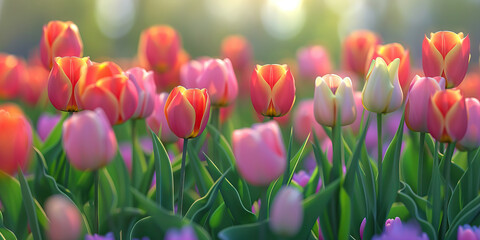 Vibrant tulip field harmonizes with wind, painting nature's masterpiece.