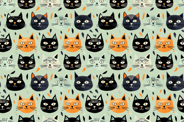 Seamless pattern of cat faces in various colors on mint green background