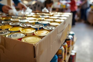 Cardboard Box Containing Assorted Canned Foods and Dry Goods - Community Support Efforts, Food Security Measures, Welfare Assistance Programs