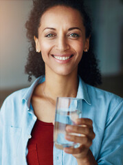 Drinking water, glass and woman with smile for hydration, health and wellness in home for diet or...