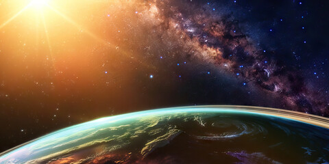 Obraz premium Galactic Symphony: Milky Way Over Vivid Planet and Luminous Rings