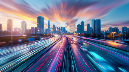 Fototapeta premium Orange City Street Flooded with Heavy Traffic - Rush Hour Evening