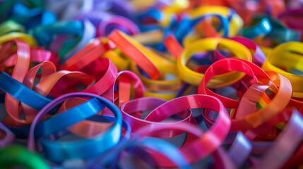Close-up of a multitude of pride wristbands in various LGBTQ flag colors, spread out artistically
