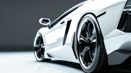 A white car with black tires is shown in a close up