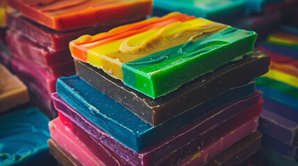 Close-up of a pride-themed artisanal soap collection, with layers resembling different LGBTQ flags