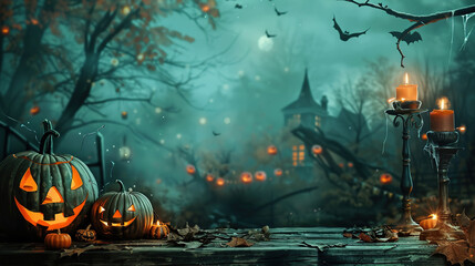 Fototapeta premium carved pumpkins with an evil face, bats and a gloomy castle in the dark on Halloween night, watercolor pumpkin, castle, bats on a dark gloomy background, Halloween banner with space for text