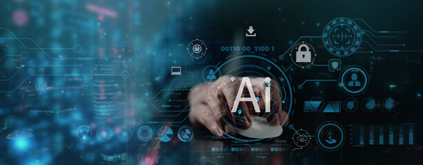 Data science, AI and cloud computing concept. Computer programmer working with database and global...