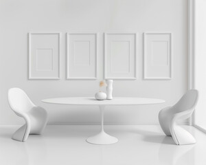 Contemporary white dining room design featuring four frames on a pure white wall, a white oval dining table, and white sculptural chairs.