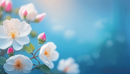 Beautiful spring border, blooming rose bush on a blue background. Flowering rose hips against the blue sky. Soft selective focus