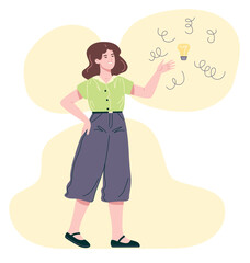 Girl pointing to a lamp. Person who has a solution to a problem. Vector illustration isolated on white background.