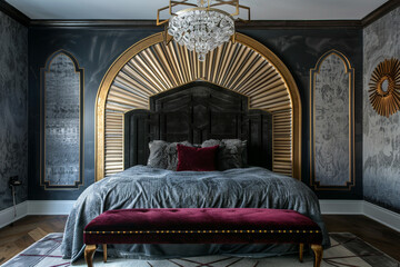 Elegant art deco bedroom captured from the front showing a charcoal and gold headboard, a burgundy velvet bench, and a crystal pendant light.