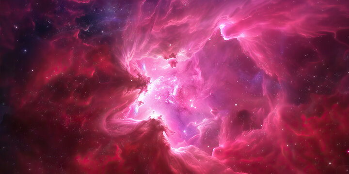An ethereal pink nebula thrums with vibrancy, its center aglow.