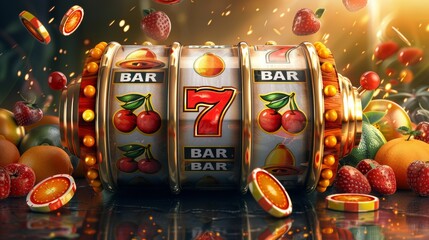 Naklejka premium Modern illustration to represent casino slot machine spin machine screen interface, game lightning fruit icons on background, gambling bar symbol cartoon neoteric modern illustration.