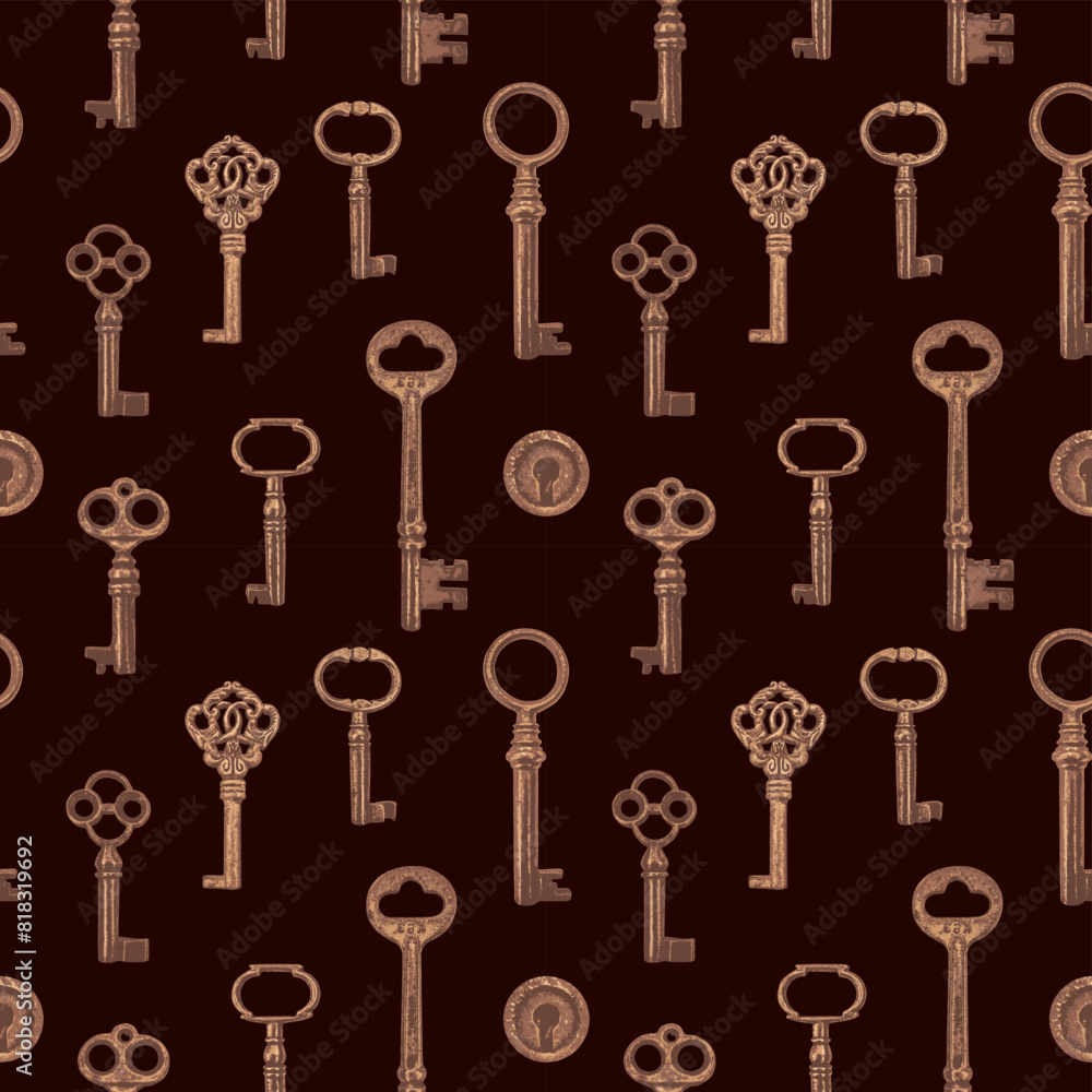 Poster seamless pattern with old wintage gold keys on black background. vector repeating background in vint
