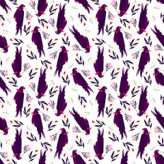 Pink Halloween seamless pattern with raven and flowers