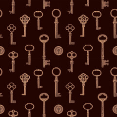 Seamless pattern with old wintage gold keys on black background. Vector repeating background in vintage style. Suitable for wallpaper, wrapping paper or fabric design