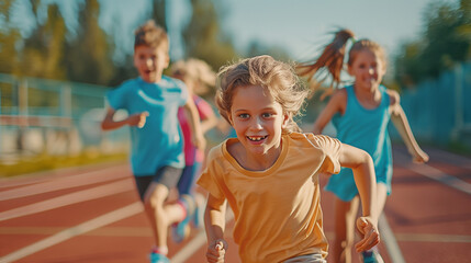 A group of joyful and energetic children are running on a track, filled with excitement and determination. 