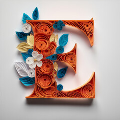 Letter E Embellished with Floral Designs, Elegant Paper Quilling Art.