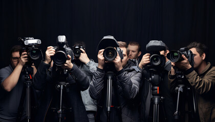 Group of photographers with cameras on black background. Paparazzi