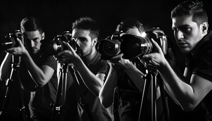 Obraz premium Group of photographers with cameras on black background. Paparazzi