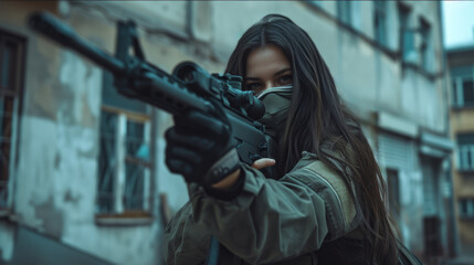 Fototapeta premium Urban Combat: Young Woman with Half-Mask, and Long Hair Aiming from a Rifle with Optical Sight in the Street