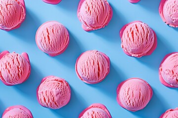 Obraz premium Photo of a pattern made from pink ice cream on a blue background, top view. freshness and diversity of summer frozen treats.