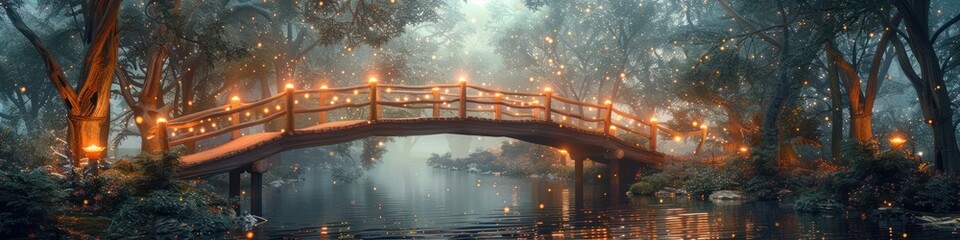 Fairy Light Illuminated Scenic Bridge in a Dreamy Forest at Evening in a Fantasy Watercolor World