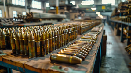 A large number of bullets are sitting on a table