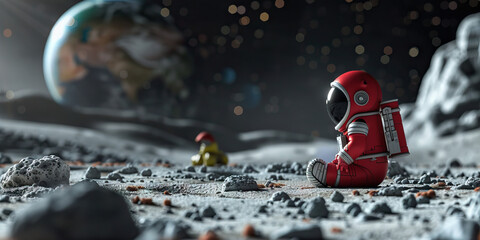A tiny red spacesuit sits forlornly on an abandoned lunar base.